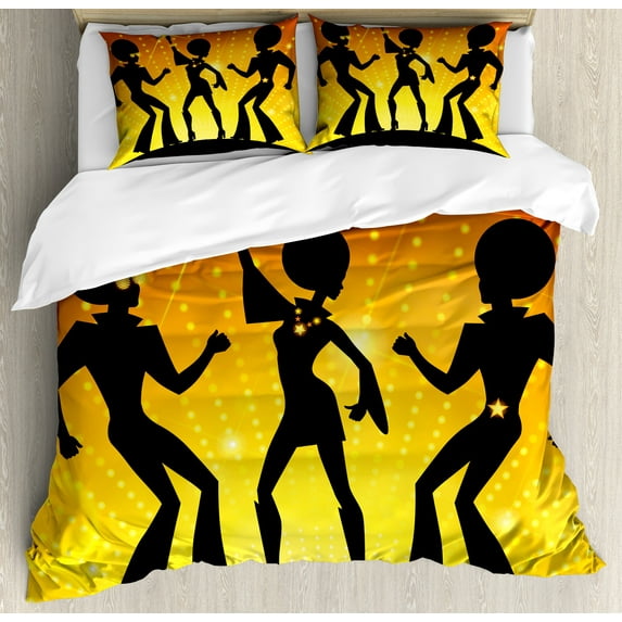 Ambesonne 70s Party Duvet Cover Sets, Dancing Afro People, 2-King, Orange Yellow Black
