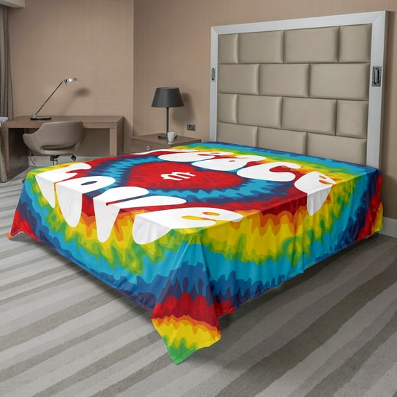 Ambesonne 70s Party Flat Sheet, Groovy Hippie Rainbow, California King, Multicolor