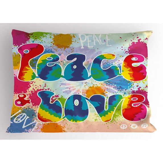 Ambesonne 70s Party Pillow Sham, Peace and Love Funky, 26" X 20", Multicolor