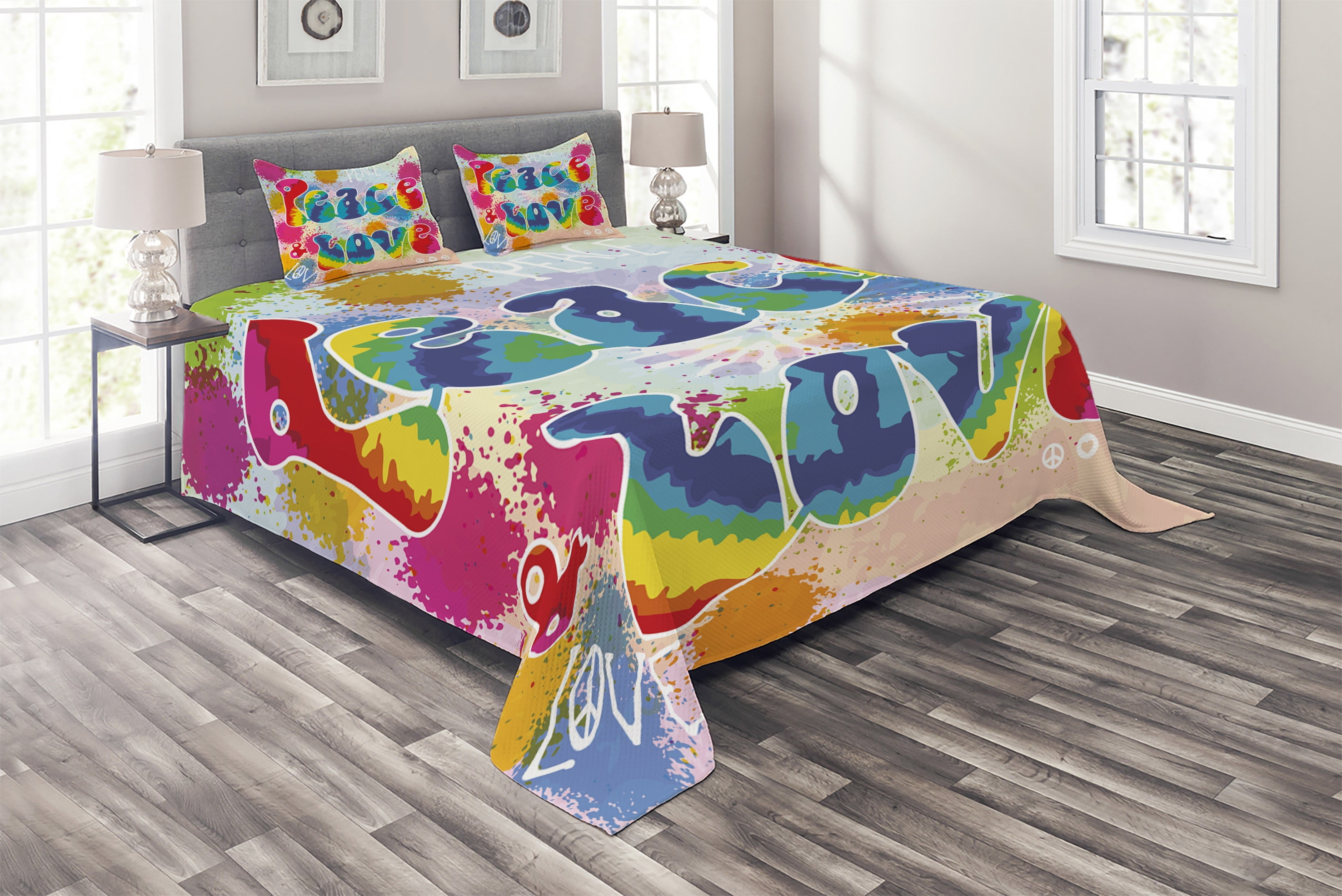 Ambesonne 70s Party Multicolor Queen Bedspread Set