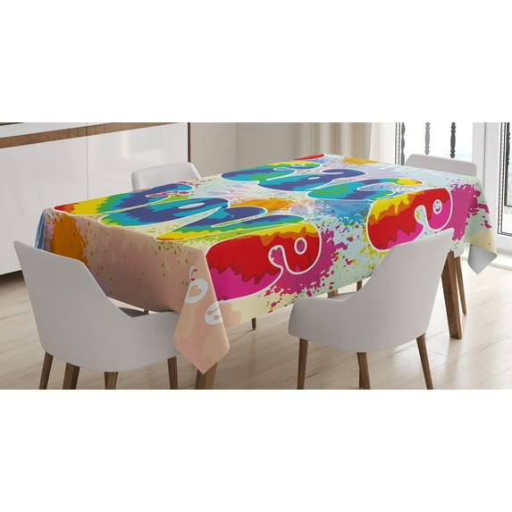 Ambesonne 70s Party Tablecloth Rectangular Table Cover, Peace and Love Funky, 52"x70", Multicolor