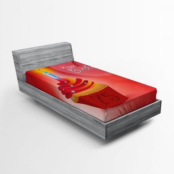 Ambesonne 75th Birthday Fitted Sheet, Starry Candle Cupcake, Twin Size, Red Orange and Blue