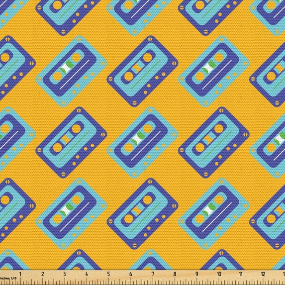 Ambesonne 80's Fabric by the Yard Upholstery, Abstract Cassette Tapes Art, 2 Yards, Orange Royal Blue and Aqua