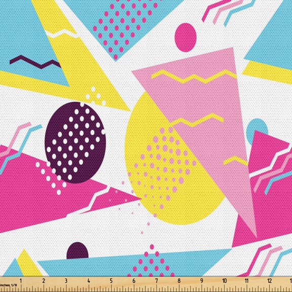 Ambesonne 80's Fabric by the Yard Upholstery, Colorful Triangles Zigzags Art, 2 Yards, Soft Pink Aqua White