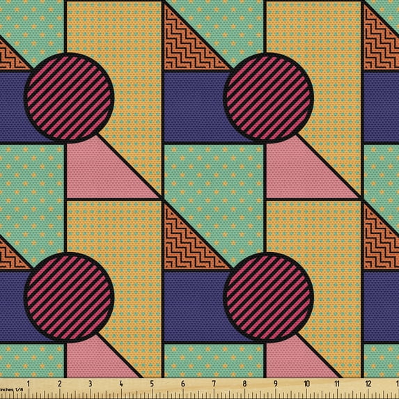Ambesonne 80's Fabric by the Yard Upholstery, Geometric Shapes Stars Zigzags, 10 Yards, Dark Indigo and Sea Green