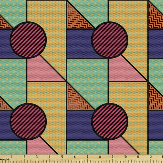 Ambesonne 80's Fabric by the Yard Upholstery, Geometric Shapes Stars Zigzags, 5 Yards, Dark Indigo and Sea Green