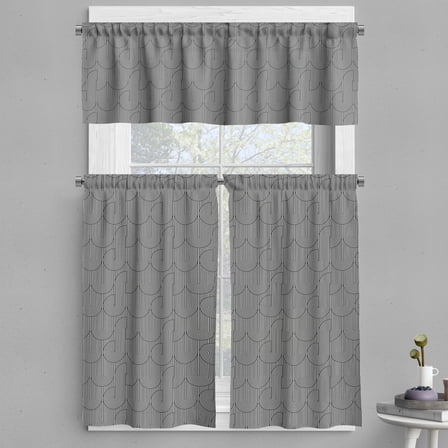 Ambesonne 80's Valance & Curtain, Monochrome Swirly Lines Art, 55"x45", Charcoal Grey White