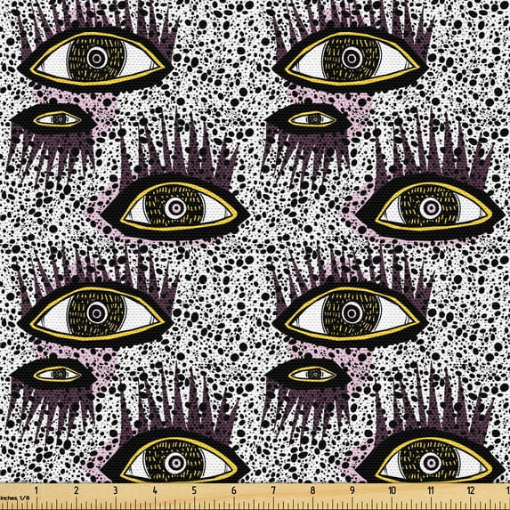 Ambesonne 90's Fabric by the Yard Upholstery, Psychedelic Eyes Abstract Art, 2 Yards, Charcoal Grey Yellow and Pink