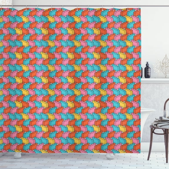 Ambesonne 90's Shower Curtain, Colorful Video Game Cartridge, 69"Wx70"L, Pastel Pink and Mustard
