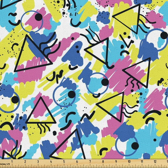 Ambesonne 90s Fabric by the Yard Upholstery, Retro Abstract Triangles Art, 5 Yards, Yellow and Pale Fuchsia