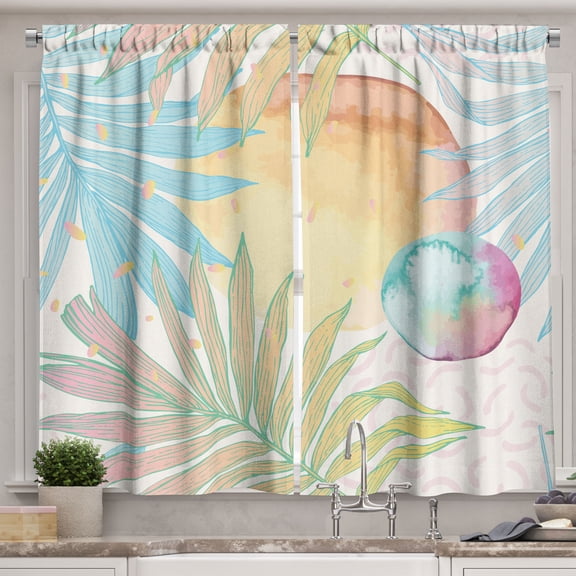 Ambesonne 90s Kitchen Curtains, Abstract Tropical Leaf Circles, 55"x30", Sand Brown Pale Blue