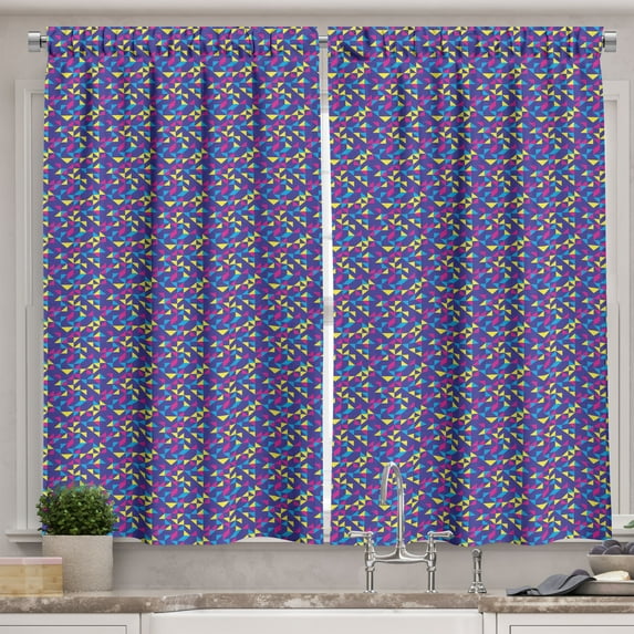 Ambesonne 90s Kitchen Curtains, Retro Repetitive Triangles Art, 55"x30", Yellow Royal Blue and Indigo