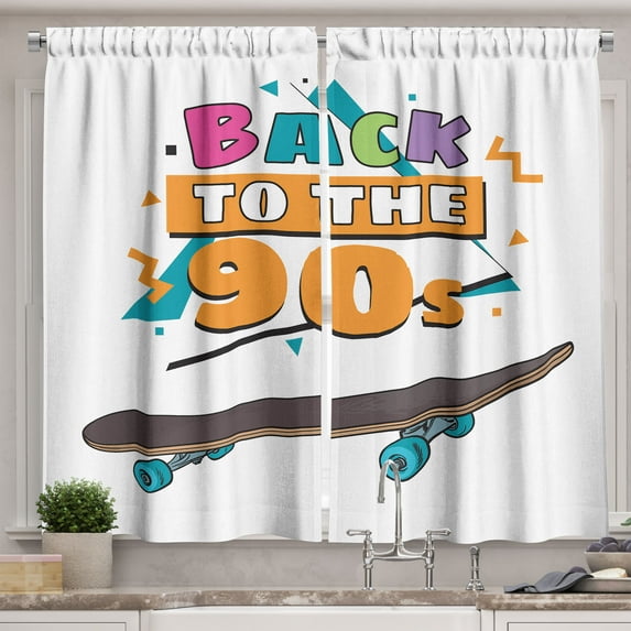 Ambesonne 90s Kitchen Curtains, Triangles Skateboard Retro Art, 55"x30", Marigold Sea Blue and Teal