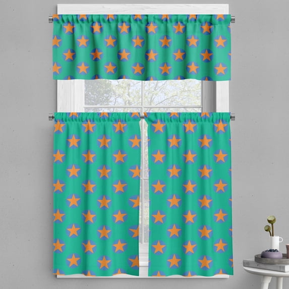 Ambesonne 90s Valance & Curtain, Stars Pattern Repeating Circles, 55"x36", Dark Orange and Sea Green