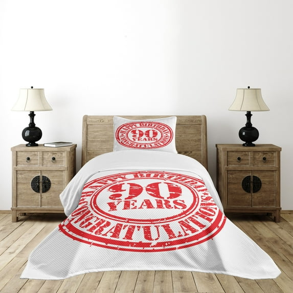 Ambesonne 90th Birthday Quilted Bedspread Set 2 Pcs, Grunge Stamp 90 Art, Twin Size, White Red