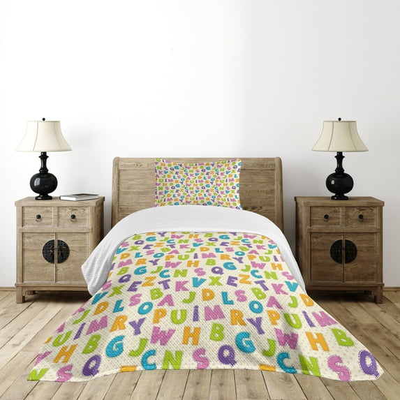 Ambesonne ABC Quilted Bedspread Set 2 Pcs, Letters Alphabet ABC, Twin Size, Multicolor