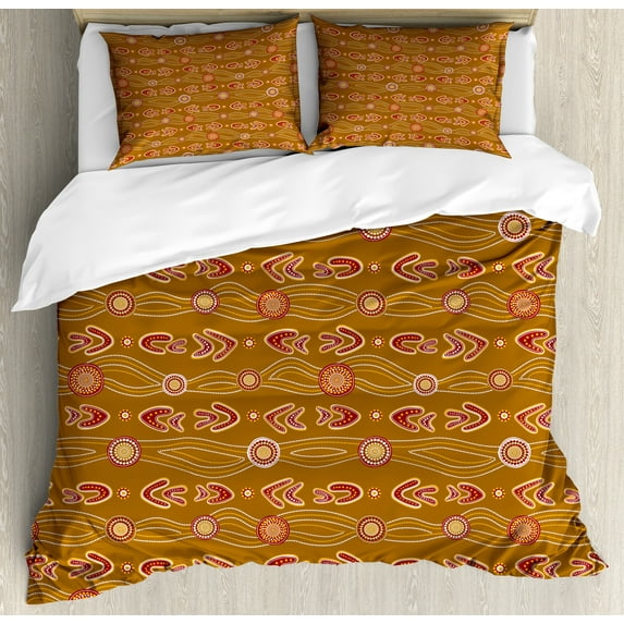 Ambesonne Aboriginal Duvet Cover Set, Dotted Waves Art Motifs, 2-Calking, Caramel Burgundy