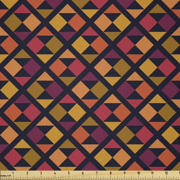 Ambesonne Aboriginal Fabric by the Yard Microfiber, Diamond Grid Triangles, 1 Yard, Burnt Orange and Navy Blue