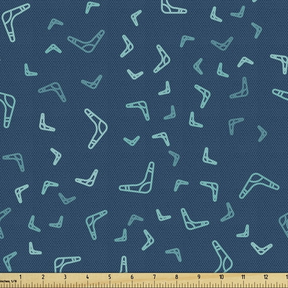 Ambesonne Aboriginal Fabric by the Yard Upholstery, Green Line Boomerangs, 2 Yards, Turquoise and Night Blue