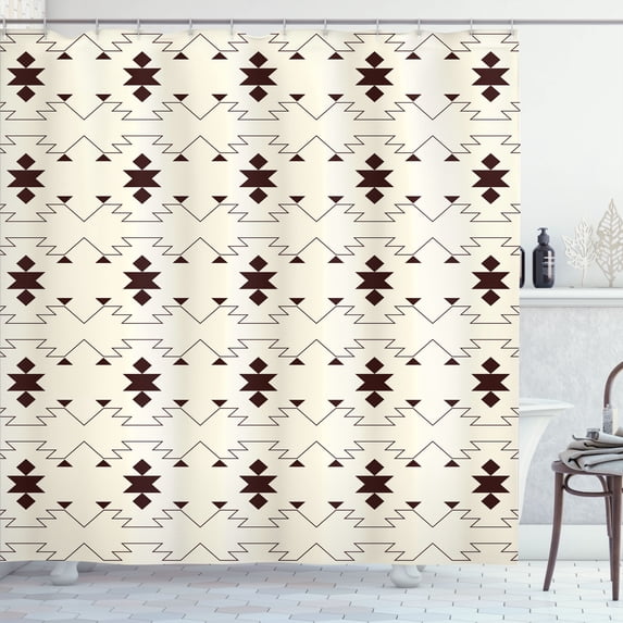 Ambesonne Aboriginal Shower Curtain, Tribal Triangles Lines, 69"Wx84"L, Chestnut Brown and Eggshell