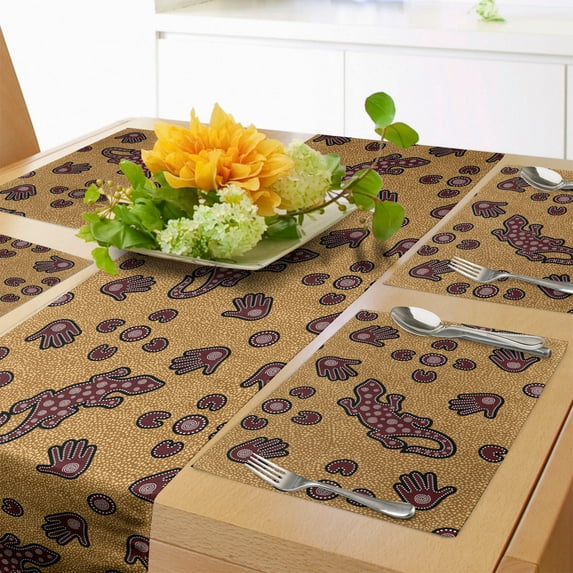 Ambesonne Aboriginal Table Runner & Placemats, Reptile and Hand, Placemat 4 pcs + Runner 16"x72", Maroon Ginger