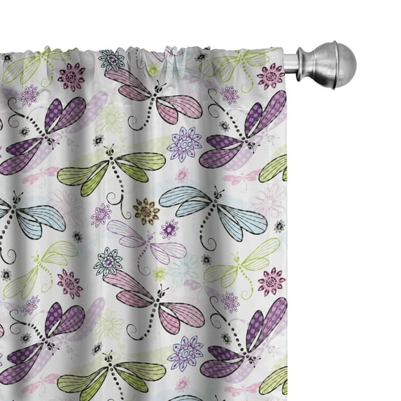 Ambesonne Abstract 4-Panel Curtains, Dragonflies Flowers, 56"x63", Pale Blue Purple