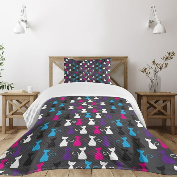Ambesonne Abstract Animals Art Quilted Bedspread Set 2 Pcs, Fun Cats, Twin Size, Multicolor