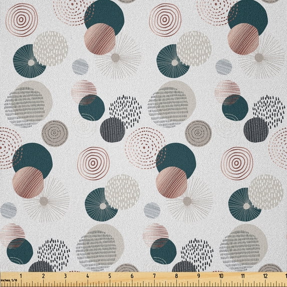 Ambesonne Abstract Art Fabric by the Yard Microfiber, Circles Lines Dots, 3 Yards, Dark Teal and Pale Chocolate