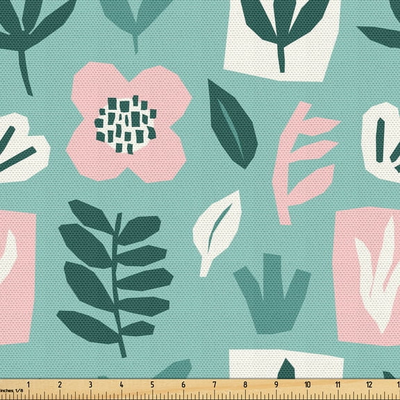 Ambesonne Abstract Art Fabric by the Yard Upholstery, Flower and Leaves Art, 2 Yards, Pale Teal Blush Green