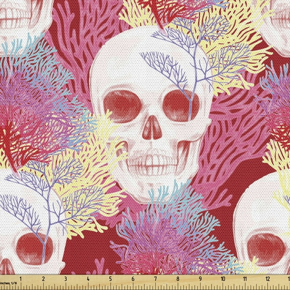 Ambesonne Abstract Art Fabric by the Yard Upholstery, Skull and Corals, 5 Yards, Multicolor