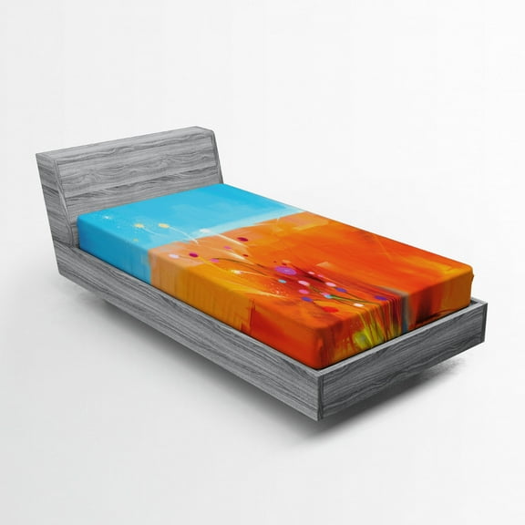 Ambesonne Abstract Art Fitted Sheet, Flowers in Meadow, Twin Size, Orange Purple