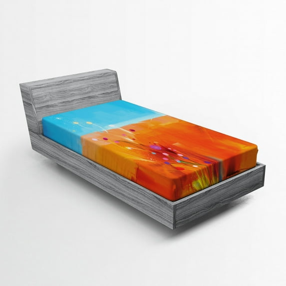 Ambesonne Abstract Art Fitted Sheet, Flowers in Meadow, Twin Size, Orange Purple