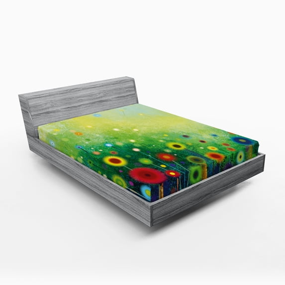 Ambesonne Abstract Art Fitted Sheet, Retro Dandelions, Queen Size, Green