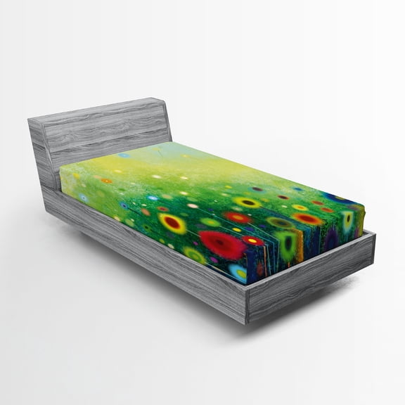 Ambesonne Abstract Art Fitted Sheet, Retro Dandelions, Twin XL Size, Green