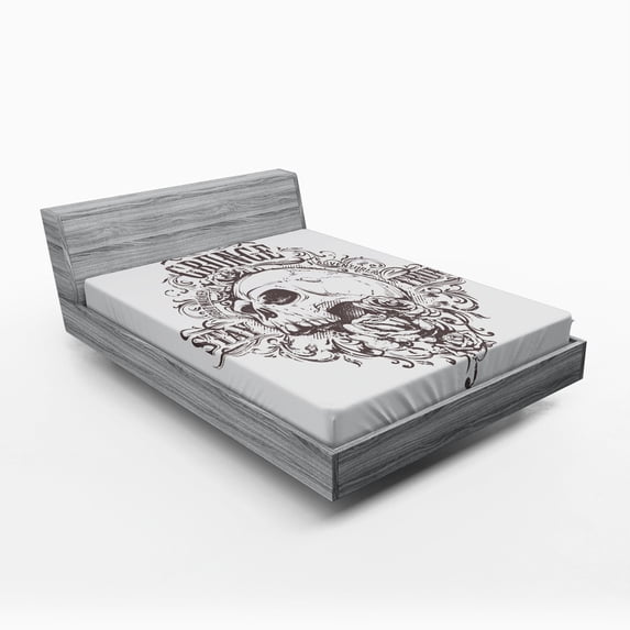 Ambesonne Abstract Art Fitted Sheet, Skull Rose Grunge, Queen Size, Black White