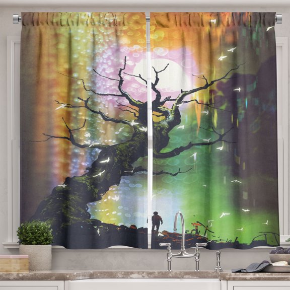 Ambesonne Abstract Art Kitchen Curtains, Adventure on Planet, 55"x30", Green Multicolor