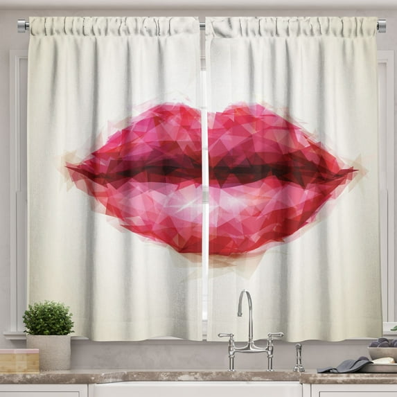 Ambesonne Abstract Art Kitchen Curtains, Polygonal Woman Lips, 55"x45", Eggshell Dark Coral