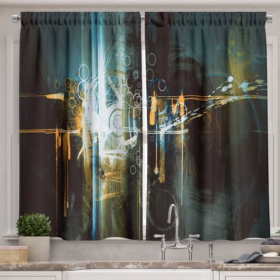 Ambesonne Abstract Art Kitchen Curtains, Surreal Grunge Effect, 55"x30", Petrol Blue and Apricot
