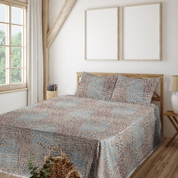 Ambesonne Abstract Art Modern Fitted & Flat Sheet with Sham 3 Pcs Set, Spots Dashes, Twin, Warm Taupe Mauve Taupe