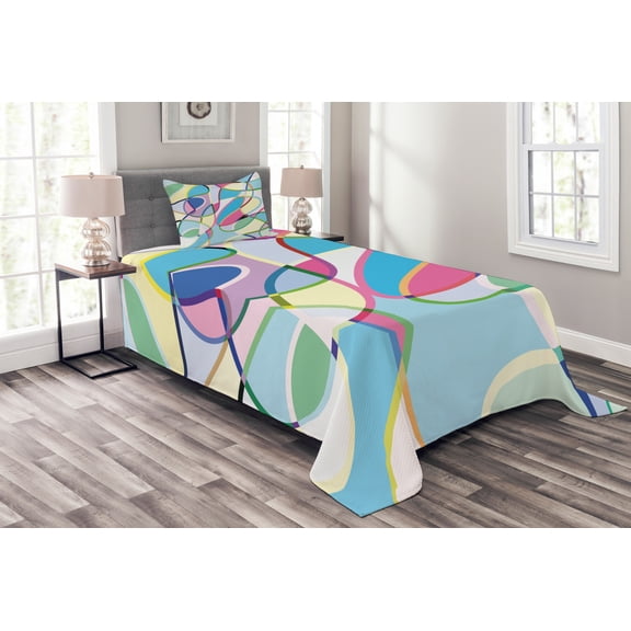 Ambesonne Abstract Art Quilted Bedspread Set 2 Pcs, Colorful Lines, Twin Size, Multicolor