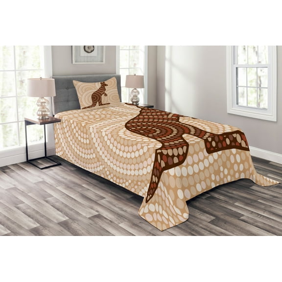 Ambesonne Abstract Art Quilted Bedspread Set 2 Pcs, Kangaroo with Dots, Twin Size, Peach Brown Redwood