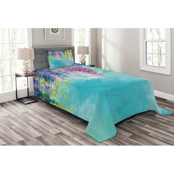 Ambesonne Abstract Art Quilted Bedspread Set 2 Pcs, Landscape Spring, Twin Size, Multicolor