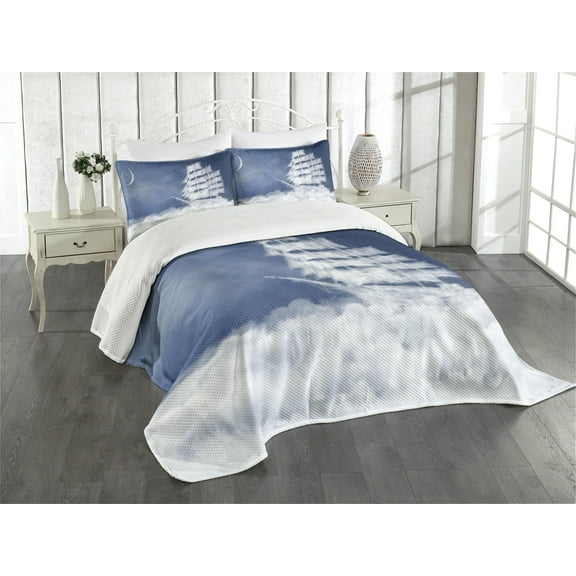 Ambesonne Abstract Art Quilted Bedspread Set 3 Pcs, Clouds Ship in Sky, Queen Size, Blue White