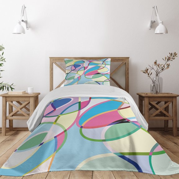 Ambesonne Abstract Art Quilted Coverlet 2 Pcs, Colorful Lines, Twin Size, Multicolor