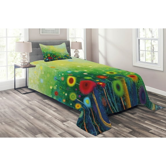 Ambesonne Abstract Art Quilted Coverlet 2 Pcs, Retro Dandelions, Twin Size, Green
