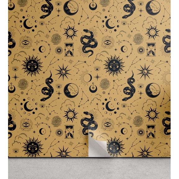 Ambesonne Abstract Astral Fortune Peel & Stick Wallpaper for Home, Boho Signs, 13"x36", Camel Charcoal Grey