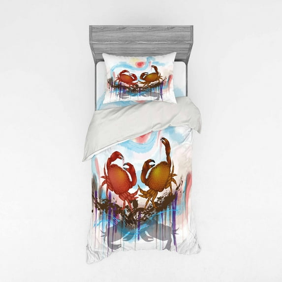 Ambesonne Abstract Bedding Set 3 Pcs, 2 Crabs Dancing Sea, Twin, Brown Pale Blue
