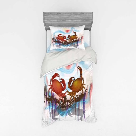 Ambesonne Abstract Bedding Set 3 Pcs, 2 Crabs Dancing Sea, Twin XL, Brown Pale Blue