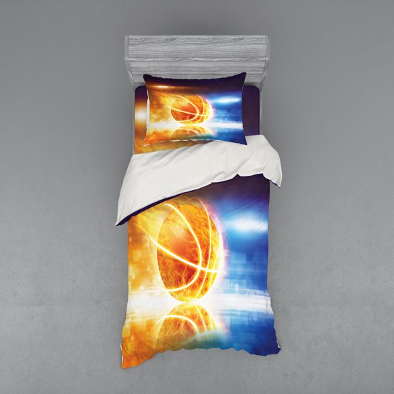 Ambesonne Abstract Bedding Set 3 Pcs, Burning Basketball Art, Twin, Blue Yellow