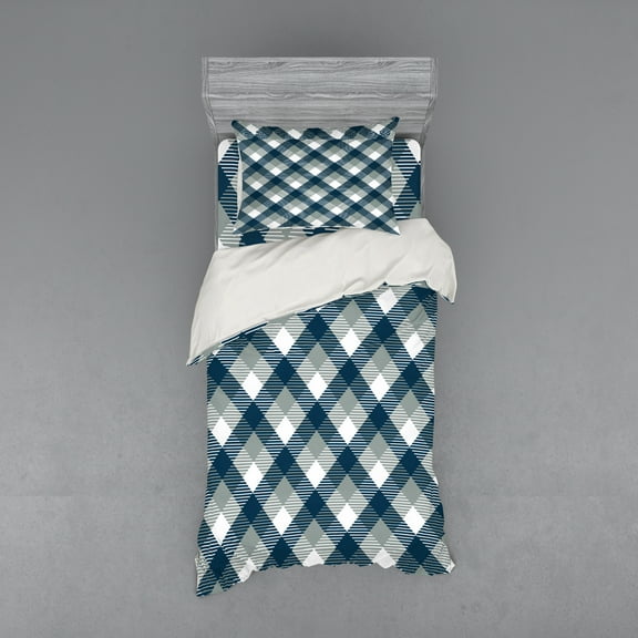 Ambesonne Abstract Bedding Set 3 Pcs, Checkered Tartan Shape, Twin XL, Dimgrey White Dark Blue